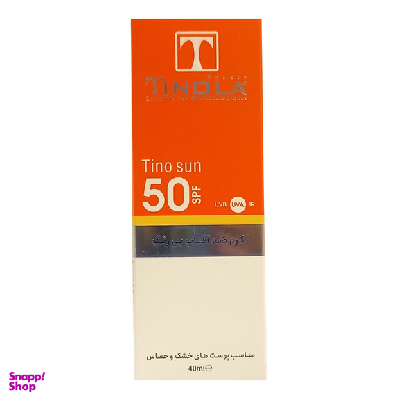 کرم ضد آفتاب بدون رنگ تینولا بیوتی SPF 50 مدل sensitive مناسب پوست های خشک و حساس حجم 40 میلی لیتر