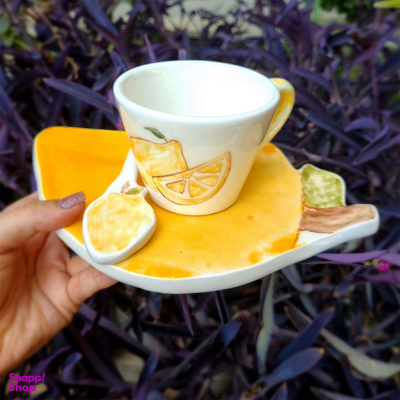 لیوان و زیر لیوانی سرامیکی طرح لیمو مجموعه ۳ عددی