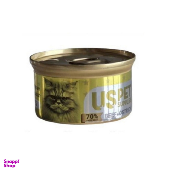 کنسرو نچرال گربه یو اس پت طعم گوشت گوساله و شتر مرغ وزن 85 گرم