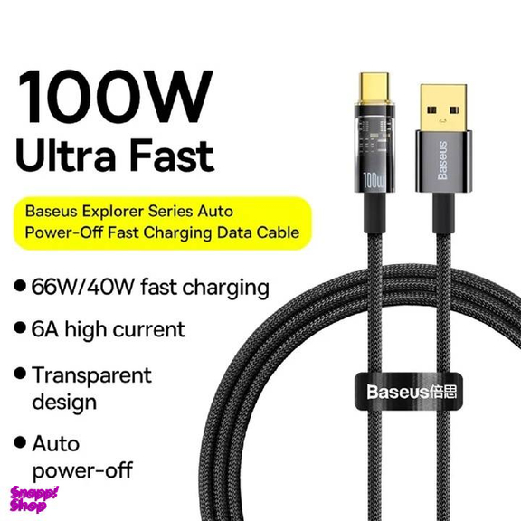 کابل دیتا 100 وات USB به Type-C باسئوس مدل Explorer Series Auto Power-Off طول 2 متر