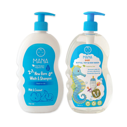 شامپو کودک مانا مدل پمپی حجم 750 میلی لیتر به همراه مایع شوینده لوازم کودک و نوزاد