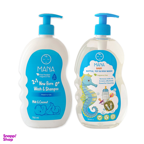 شامپو کودک مانا مدل پمپی حجم 750 میلی لیتر به همراه مایع شوینده لوازم کودک و نوزاد