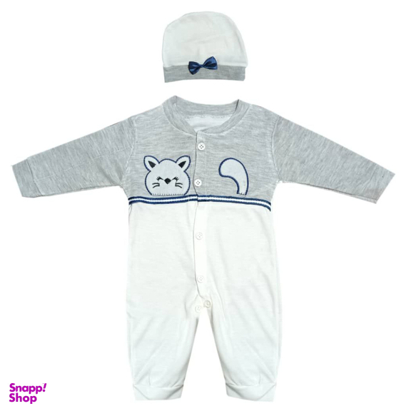 ست سرهمی و کلاه نوزاد مدل گربه بازیگوش رنگ طوسی