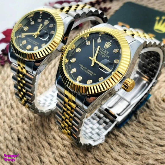 ست ساعت مچی عقربه ای زنانه و مردانه طرح رولکس مدل دیت جاست کد SR/GD/BK