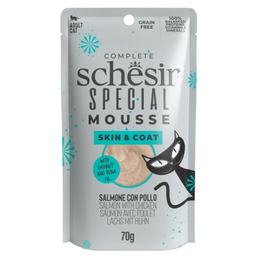 پوچ گربه شسیر مدل پوست و مو طعم سالمون و مرغ با روغن نارگیل و ماهی تن وزن 70 گرم