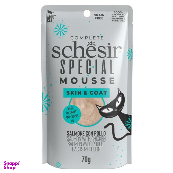 پوچ گربه شسیر مدل پوست و مو طعم سالمون و مرغ با روغن نارگیل و ماهی تن وزن 70 گرم