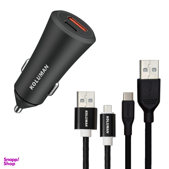 شارژر فندکی کلومن مدل KC-C03 به همراه کابل microUSB و USB-C
