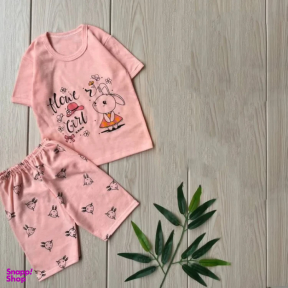 ست تیشرت آستین کوتاه شلوارک دخترانه مدل خرگوش کد 4061 رنگ صورتی