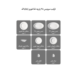 سرویس غذاخوری 28 پارچه 6 نفره چینی زرین ایران مدل ایتالیا اف سپید صدف درجه 3