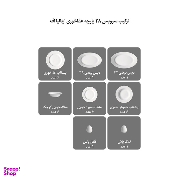 سرویس غذاخوری 28 پارچه 6 نفره چینی زرین ایران مدل ایتالیا اف سپید صدف درجه 3