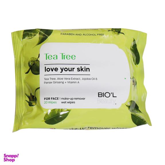 دستمال مرطوب پاک کننده آرایش بیول مدل Tea Tree بسته 20 عددی