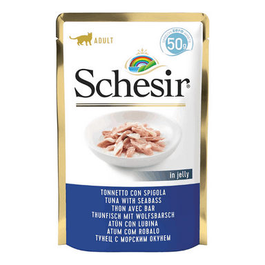 پوچ گربه شسیر طعم ماهی تن و ماهی باس در ژله وزن 85 گرم