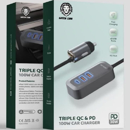 سیم شارژر ماشین سه گانه گرین لاین مدل Triple QC & PD 100W Car Charger