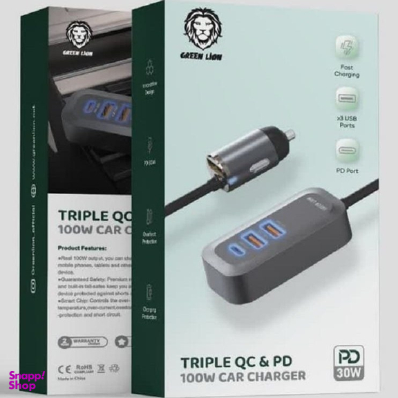 سیم شارژر ماشین سه گانه گرین لاین مدل Triple QC & PD 100W Car Charger