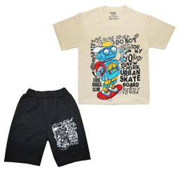 ست تیشرت آستین کوتاه و شلوارک پسرانه چیندکا مدل ربات کد 1005 رنگ کرم