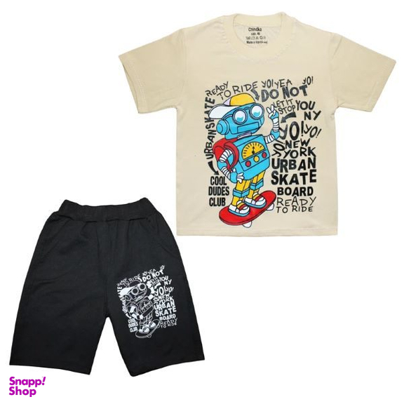 ست تیشرت آستین کوتاه و شلوارک پسرانه چیندکا مدل ربات کد 1005 رنگ کرم