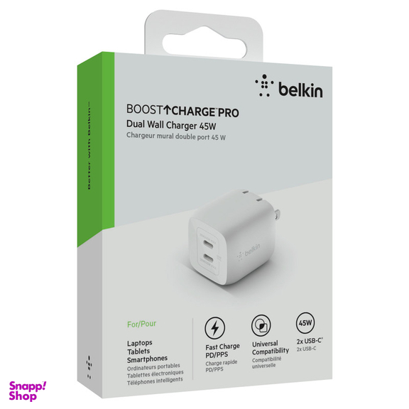 شارژر دیواری 45 وات بلکین مدل WCH011vfWH USB-C PD/GaN/PPS