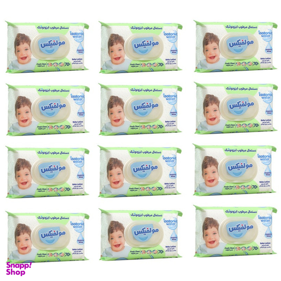 دستمال مرطوب کودک مولفیکس مدل ایزوتونیک بسته 70 عددی مجموعه 12 عددی