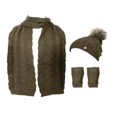 ست شال گردن و کلاه و دستکش زنانه منگوله دار طرح مارپیچ سبز