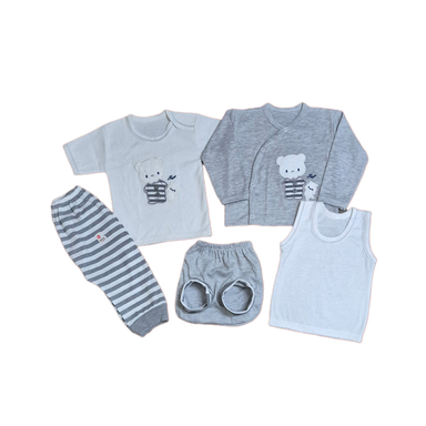 ست لباس نوزاد طرح خرس کد 135 رنگ طوسی مجموعه ۵ عددی