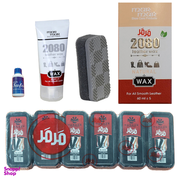واکس کفش بی رنگ مرمر کد 2080 به همراه اسفنج و 6 ابر براق کننده و بوگیر کفش