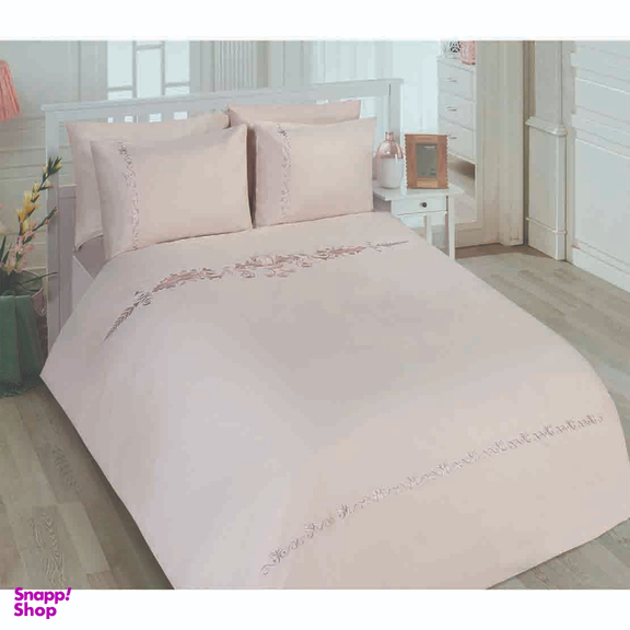 ست 7 تکه لحاف کاور دونفره گلدوزی شده رانفرس رزین تاژ طرح کتیبه رنگ گلبهی