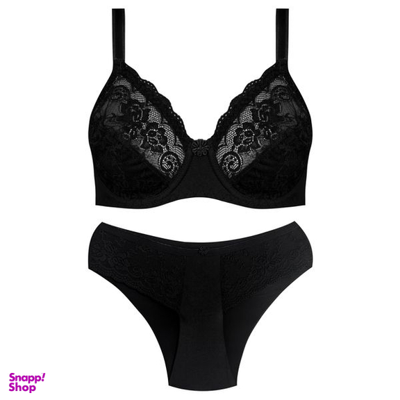 ست شورت و سوتین زنانه پانیذ مدل فنردار گیپور گلدار کد 9013 رنگ مشکی