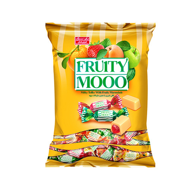 تافی شیری با مغز مارمالاد میوه ای fruity moo شیرین عسل وزن 400 گرم