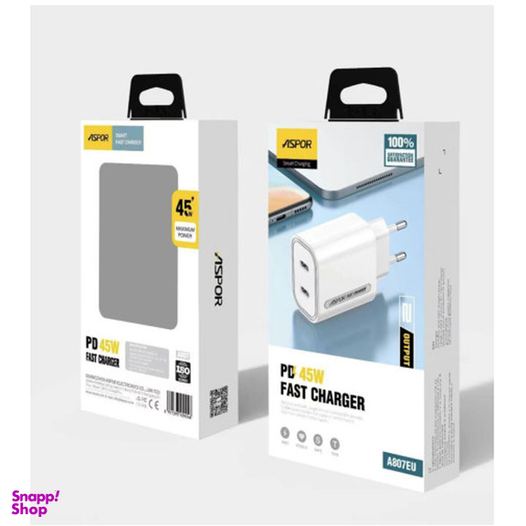شارژر دیواری 45 وات آسپور مدل A807 به همراه کابل USB-C