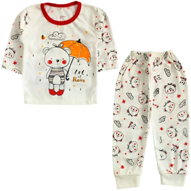 ست تیشرت آستین بلند و شلوار نوزادی مدل خرس و چتر کد 4110 رنگ سفید
