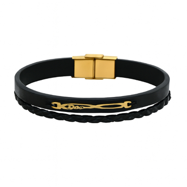 دستبند چرم و طلا 18 عیار مردانه طرح ابزار