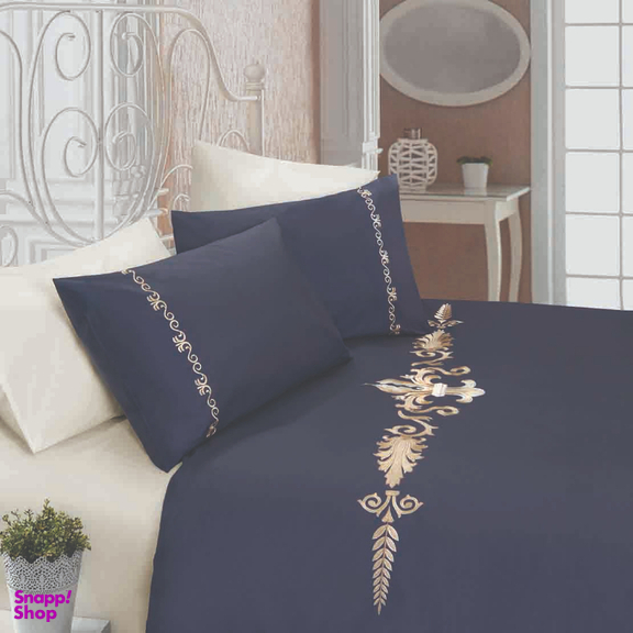 ست 7 تکه لحاف کاور دونفره گلدوزی شده رانفرس رزین تاژ طرح کتیبه رنگ طوسی تیره