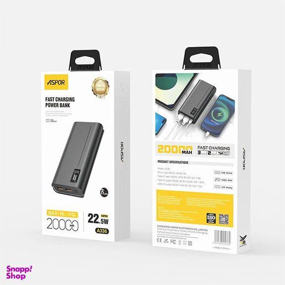 پاوربانک آسپور مدل A336 ظرفیت 20000 میلی آمپر ساعت