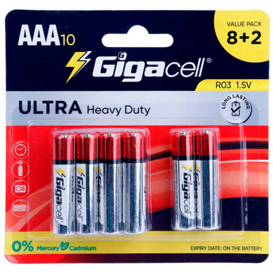 باتری نیم قلمی گیگاسل مدل Ultra Heavy Duty R03 1.5V AAA بسته 2+8 عددی