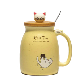 ماگ سرامیکی طرح گربه به همراه درب و قاشق