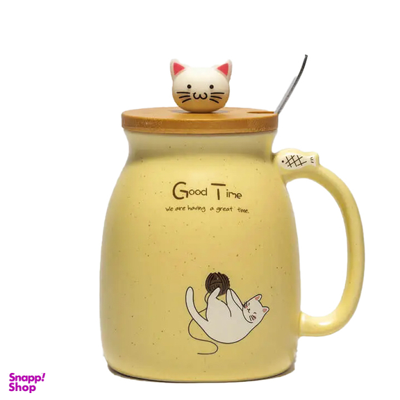 ماگ سرامیکی طرح گربه به همراه درب و قاشق