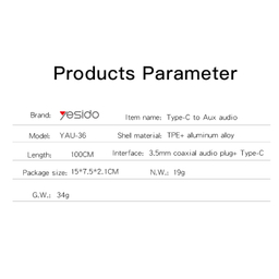 کابل تبدیل USB-C به AUX یسیدو مدل YAU-36 طول 1 متر