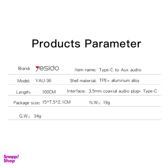 کابل تبدیل USB-C به AUX یسیدو مدل YAU-36 طول 1 متر