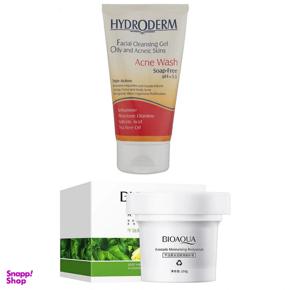 اسکراب صورت بایوآکوا مدل آووکادو به همراه ژل شستشو صورت هیدردرم مدل Acne مجموعه 2 عددی