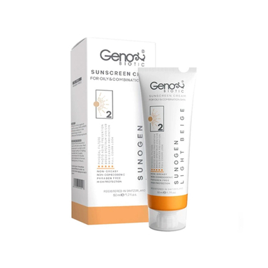 کرم ضد آفتاب ژنوبایوتیک با SPF50 رنگ بژ روشن مناسب پوست چرب و مختلط