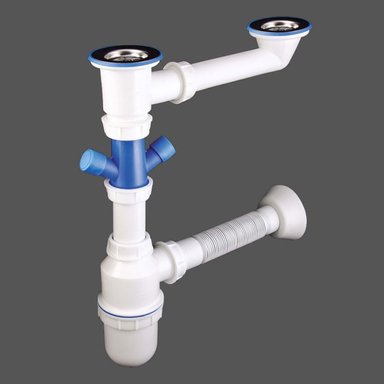 سیفون دو لگنه معمولی ظرفشویی دوریکا مدل 3104 مخزن بزرگ با خروجی لباسشویی و ظرفشویی دارای لوله خرطومی و دو عدد زیر آب کد MT094