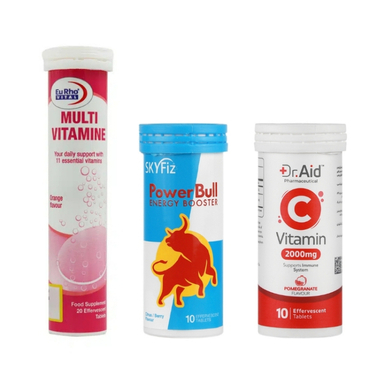 پک قرص جوشان مولتی ویتامین یوروویتال با طعم لیمو و قرص جوشان ویتامین سی 2000 دکتر اید و قرص جوشان پاوربول اسکای فیز مجموعه 3 عددی
