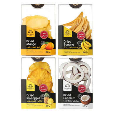 میوه‌ خشک زرنگاران طعم موز و نارگیل و آناناس و انبه وزن 400 گرم بسته 4 عددی