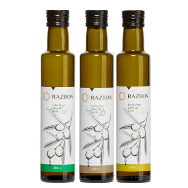 روغن زیتون فرابکر رزبن با طعم های ریحان، سیر و لیموترش حجم 250 میلی لیتر بسته 3 عددی