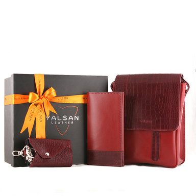 ست هدیه چرم یلسان مدل ماهان 3 کد 059-PRL-ARN-PRM زرشکی
