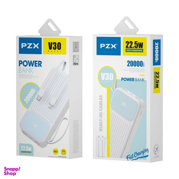 پاوربانک پی زد ایکس مدل V30 Fast Charge 22.5W Cabled ظرفیت 20000 میلی آمپر ساعت
