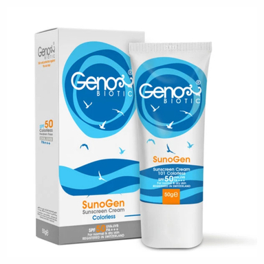 کرم ضد آفتاب Spf50 ژنوبایوتیک مناسب پوست خشک بی‌رنگ وزن 50 گرم