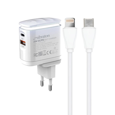 شارژر دیواری 25 وات سیبراتون مدل SW2225i PD به همراه کابل لایتنینگ