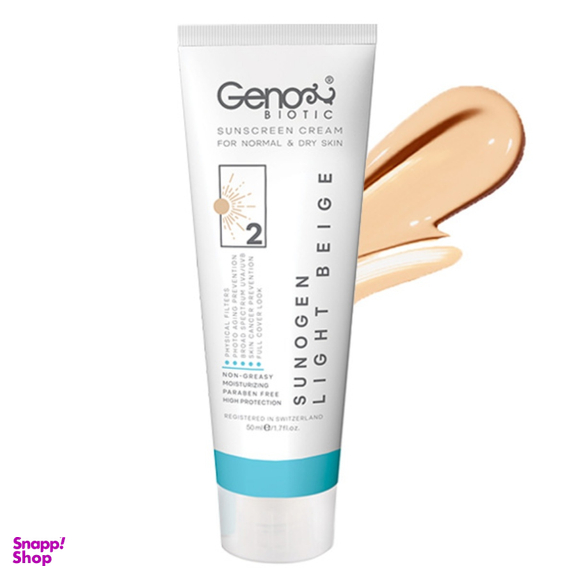 کرم ضد آفتاب SPF50 ژنوبایوتیک مدل بژ روشن مناسب پوست نرمال تا خشک حجم 50 میلی لیتر