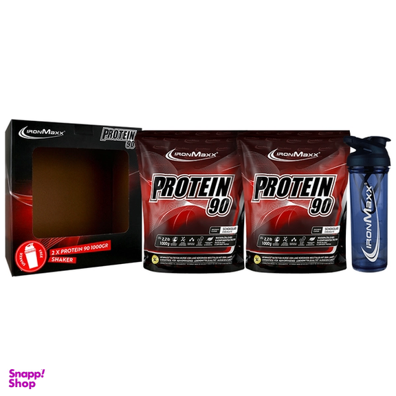 پودر پروتئین 90 آیرون مکس وزن 1 کیلوگرم بسته 2 عددی به همراه شیکر